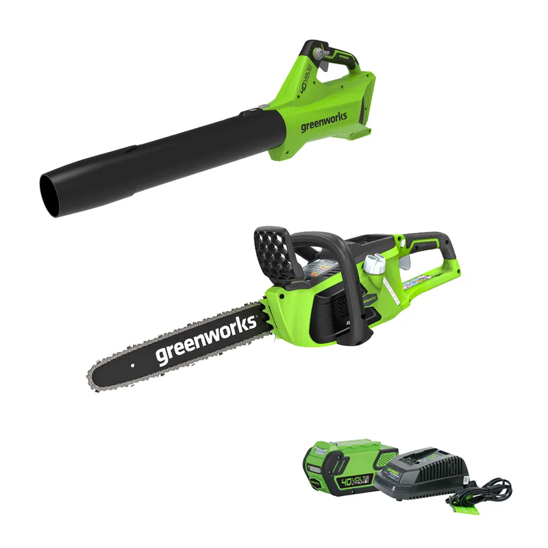 Greenworks 40V 14 Chainsaw 40V 125 Mph 450 Cfm Axial Jet Blower 4 0 Ah Battery And Charger Included chainsaw