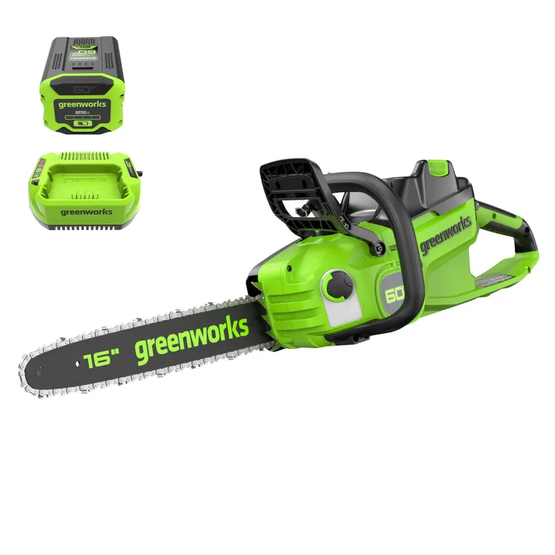 Greenworks 60V 16 1 5KW Brushless Chainsaw 2 5 Ah Battery 3 Amp Charger Included chainsaw